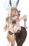  animal_ears asuna_(blue_archive) asuna_(bunny)_(blue_archive) black_pantyhose blue_archive blue_eyes bow breasts collar gloves hair_bow hair_over_one_eye hand_on_hip highres large_breasts light_brown_hair lilithmy pantyhose playboy_bunny rabbit_ears see-through see-through_legwear smile spread_fingers thighs v 
