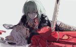  2girls absurdres bangs black_coat blood blood_from_mouth breasts byleth_(fire_emblem) byleth_(fire_emblem)_(female) closed_mouth coat commentary_request cowboy_shot death edelgard_von_hresvelg expressionless fire_emblem fire_emblem:_three_houses green_hair grey_background hair_between_eyes hair_ornament highres huanxiangfengmi09151 long_hair multiple_girls simple_background sword weapon 