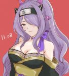  1girl bangs bare_shoulders breasts camilla_(fire_emblem) choker cleavage dated fire_emblem fire_emblem_fates fire_emblem_heroes fishnet_top fishnets hair_over_one_eye highres large_breasts long_hair ninja official_alternate_costume purple_eyes purple_hair purple_ribbon red_background ribbon ribbon_choker shuriken_hair_ornament smile solo tea6043 upper_body 