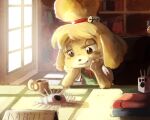  animal_crossing anthro bell beverage blonde_hair blush blush_stickers book bookshelf brown_eyes canid canine canis closed_smile clothing coffee digital_media_(artwork) digital_painting_(artwork) domestic_dog elbows_on_table eyelashes feet female fur furniture hair hands_on_own_face isabelle_(animal_crossing) lidded_eyes mammal nintendo office pettyartist resting_head seashell shell shih_tzu smile solo speedpaint toy_dog video_games window window_light yellow_body yellow_fur 