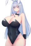  1girl absurdres animal_ears bare_shoulders blue_eyes blush bow bowtie breast_tattoo breasts covered_navel ethel_(xenoblade) fake_animal_ears grey_hair highres huge_breasts latte long_hair playboy_bunny rabbit_ears simple_background solo sweatdrop tattoo upper_body very_long_hair white_background wrist_cuffs xenoblade_chronicles_(series) xenoblade_chronicles_3 
