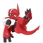  anthro bandai_namco butt claws clothing digimon digimon_(species) headphones heibanhikaru hoodie legs_up male presenting presenting_hindquarters red_body scalie scar shoutmon simple_background solo topwear white_background 