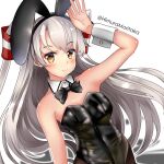  1girl absurdres alternate_costume amatsukaze_(kancolle) bare_shoulders black_leotard black_pantyhose breasts closed_mouth fishnet_pantyhose fishnets grey_hair hair_tubes highres himura_moritaka kantai_collection leotard long_hair looking_at_viewer pantyhose playboy_bunny simple_background small_breasts smile solo twitter_username white_background windsock wrist_cuffs yellow_eyes 