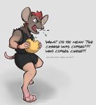  absurd_res angry anthro bottomwear buckteeth cheese cheese_wheel clothed clothing dairy_products dialogue eating food fully_clothed fur grey_body grey_fur hair hi_res human_to_anthro krim_hue male mammal mohawk murid murine open_mouth rat red_hair rodent shirt shorts solo species_transformation teeth topwear transformation 