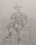  anthro anus backsack balls butt canid canine canis clothed clothing cowboy cowboy_hat dobermann domestic_dog genitals graphite_(artwork) hat headgear headwear hi_res looking_at_viewer male mammal nub_tail partially_clothed paxemerson pencil_(artwork) pinscher solo traditional_media_(artwork) 