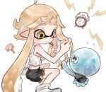  1girl ? alarm_clock bare_arms bare_shoulders black_shirt black_shorts blonde_hair braiding_hair clock closed_mouth flying_sweatdrops hair_tie hair_tie_in_mouth hairdressing inkling inkling_girl jellyfish_(splatoon) long_hair looking_at_another mouth_hold plum0o0 pointy_ears shirt short_sleeves shorts simple_background sitting splatoon_(series) splatoon_3 t-shirt tank_top tentacle_hair white_background white_tank_top yellow_eyes 