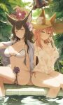  2girls absurdres animal_ear_fluff animal_ears bangs bikini bikini_under_clothes blue_archive breasts brown_eyes brown_hair cleavage closed_mouth crossed_legs crossover day ears_through_headwear fate/grand_order fate_(series) flower fox_ears fox_girl fumafu hair_between_eyes hair_flower hair_ornament halo halterneck hat highres holding holding_umbrella large_breasts long_hair looking_at_viewer multicolored_hair multiple_girls navel official_alternate_costume outdoors parasol pink_hair purple_flower red_bikini revision see-through shirt side-by-side side-tie_bikini_bottom sidelocks sitting smile soaking_feet stomach straw_hat string_bikini swimsuit t-shirt tamamo_(fate) tamamo_no_mae_(swimsuit_lancer)_(fate) thigh_strap thighs tree umbrella voice_actor_connection wakamo_(blue_archive) wakamo_(swimsuit)_(blue_archive) water wet wet_clothes wet_shirt white_bikini white_flower white_shirt yellow_eyes 