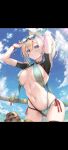  absurdres arm_behind_head arms_up bikini blonde_hair breasts breasts_day choker criss-cross_halter detached_collar eyewear_on_head good_breasts_day green_bikini green_eyes halterneck highres hololive katana kazama_iroha kubota_masaki navel ponytail sunglasses swimsuit sword thighs toned weapon 