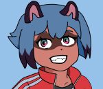  black_hair blue_hair brand_new_animal brown_body brown_fur canid canine clothed clothing female fur hair hi_res humanoid jacket lleoraum mammal michiru_kagemori raccoon_dog red_clothing red_jacket red_topwear shirt simple_background smile solo studio_trigger tanuki topwear 