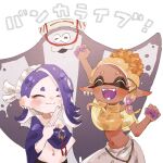  1boy 2girls ^_^ arm_up big_man_(splatoon) blonde_hair blue_hair breasts chest_sarashi closed_eyes closed_mouth colored_eyelashes colored_skin colored_tongue crop_top dark-skinned_female dark_skin earrings eyeliner fangs folded_fan folding_fan food food_on_head frye_(splatoon) groin hachimaki hand_fan hand_up headband hokkamuri holding holding_fan jewelry long_hair makeup manta_ray medium_breasts multicolored_hair multicolored_skin multiple_earrings multiple_girls navel nejiri_hachimaki object_on_head octarian open_mouth plum0o0 pointy_ears poncho purple_hair purple_skin purple_tongue red_eyeliner sarashi see-through shiver_(splatoon) simple_background sleeveless sleeveless_turtleneck_crop_top smile splatoon_(series) splatoon_3 suction_cups teeth tempura tentacle_hair two-tone_hair white_background 