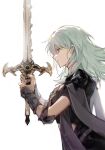  1girl byleth_(fire_emblem) byleth_(fire_emblem)_(female) enlightened_byleth_(female) fire_emblem fire_emblem:_three_houses from_side green_eyes green_hair highres holding holding_sword holding_weapon mika_winter profile sword sword_of_the_creator weapon white_background 
