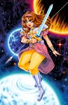  1girl alisa_landeel armor blue_eyes bracelet brown_hair character_request dress english_commentary grey_footwear hairband holding holding_sword holding_weapon jewelry jorge_m_velez long_hair pants parted_lips phantasy_star pink_dress pink_hairband planet silhouette space standing sword weapon yellow_pants 