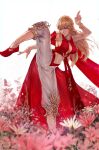  1girl bangs blonde_hair blue_eyes bracelet breasts cleavage cleavage_cutout closed_mouth clothing_cutout commentary detached_sleeves dress english_commentary final_fantasy final_fantasy_xiv flower foot_out_of_frame highres hyur jewelry leg_lift long_hair looking_away lyse_hext navel pants pink_flower red_dress red_footwear red_shirt salute shirt sidelocks single_detached_sleeve solo standing standing_on_one_leg stomach_cutout tezy8art two-finger_salute white_background white_pants 