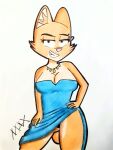  2022 absurd_res anthro canid canine clothed clothing diane_foxington dreamworks dress female fox front_view hi_res jewelry looking_at_viewer mammal maxboyartoon necklace panties panty_shot portrait raised_clothing raised_dress seductive signature smile solo standing the_bad_guys three-quarter_portrait traditional_media_(artwork) underwear 