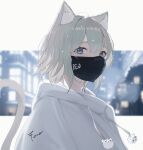  1girl absurdres animal_ear_fluff animal_ears bangs blush cat_ears cat_girl cat_tail commentary_request drawstring grey_hair hair_between_eyes highres hood hood_down hoodie looking_at_viewer mask mouth_mask original short_hair signature solo tail white_hoodie yougashi 