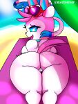  anthro big_butt blazedscarf blue_eyes butt eeveelution female generation_6_pokemon genitals hi_res looking_at_viewer nintendo open_mouth pokemon pokemon_(species) pokemorph pussy solo sylveon thick_thighs video_games white_body 