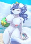 anthro ball beach big_breasts blue_body blue_eyes blue_fur blue_hair blush bodily_fluids book breast_squish breasts canid canine canis clothing crown curled_hair domestic_dog duel_monster ebino_senaka exhibitionism fairy_tail-rella female fluffy fluffy_tail fur genitals hair hi_res looking_at_viewer mammal nipples nude one_eye_closed pink_nipples pussy seaside solo squish sweat sweatdrop wink yu-gi-oh! 