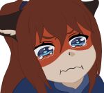  anthro blue_eyes blue_outfit bodily_fluids brown_hair canid canine clothed clothing female fox fur hair lleoraum looking_down mammal meme orange_body orange_fur red_fox simple_background solo tears white_body white_fur yuiyue_(lleoraum) 