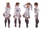  1girl absurdres apex_legends ass black_eyes black_footwear boots braid breasts brown_hair cleavage closed_eyes cropped_jacket english_commentary foxcrusade gold_choker highres jacket knee_boots loba_(apex_legends) long_hair looking_up medium_breasts multicolored_hair multiple_views pants red_eyes red_hair smile thick_thighs thighs twin_braids two-tone_hair white_background white_jacket white_pants 