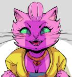  2019 anthro black_eyebrows black_eyelashes blush blush_lines bojack_horseman breasts cheek_tuft cleavage clothed clothing colored_sketch dbaru digital_media_(artwork) domestic_cat dress eyebrows eyelashes facial_tuft felid feline felis female fingers fist fur fur_tuft glistening glistening_eyes green_clothing green_dress green_sclera hair high-angle_view highlights_(coloring) jewelry long_whiskers looking_at_viewer mammal mature_anthro mature_female necklace netflix open_mouth open_smile pattern_clothing pattern_dress pendant pink_body pink_fur pink_hair pink_nose prick_ears princess_carolyn pupils red_tongue shadow short_hair sketch slit_pupils smile smiling_at_viewer solo teeth thick_eyelashes tongue topwear tuft vest whiskers white_highlights yellow_clothing yellow_topwear yellow_vest 