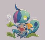  :d blue_eyes bright_pupils bubble closed_mouth commentary drizzile grey_background highres no_humans open_mouth pokemon pokemon_(creature) simple_background smile sobble symbol-only_commentary tako2_eaka white_pupils 