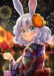  1girl absurdres acefish blue_eyes blurry blurry_background candy_apple festival fireworks floral_print food grey_hair hair_between_eyes highres japanese_clothes kimono medium_hair night night_sky original rabbit_girl red_kimono sky smile solo standing upper_body water_yoyo 