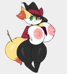  anthro big_breasts bottomwear braixen breast_squish breasts canid clothed clothing dipstick_tail female fluffy fluffy_tail fur generation_6_pokemon green_eyes hat headgear headwear hi_res huge_breasts inner_ear_fluff looking_at_viewer mammal markings nintendo orange_body orange_fur pants pokemon pokemon_(species) short_stack simple_background solo squish stick stick_in_tail tail_markings topless tuft video_games virito white_background white_body white_fur wide_hips witch_hat yellow_body yellow_fur 