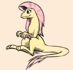  2020 3_fingers 3_toes alternate_species blue_eyes digital_media_(artwork) dinosaur dromaeosaurid feathers feet female feral fingers fluttershy_(mlp) friendship_is_magic hair hasbro long_tail my_little_pony pink_body pink_feathers pink_hair reptile scalie simple_background sitting smile solo soulcentinel tail_tuft theropod toes tuft velociraptor yellow_body 