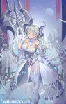  1girl absurdres breasts cleavage commentary_request demon_girl demon_horns duel_monster gloves grey_eyes grey_hair highres holding holding_weapon horns large_breasts lovely_labrynth_of_the_silver_castle mamayu open_mouth pointy_ears solo thighhighs weapon white_gloves white_thighhighs wings yu-gi-oh! 