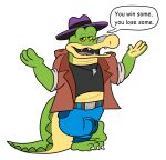  2022 3_toes 4_fingers alligator alligatorid anthro bottomwear brok_(character) brok_the_investigator clothing crocodilian english_text feet fingers green_body hat headgear headwear hi_res humanoid_hands jolly_the_lizard jollyville pants reptile scalie shirt solo text toes topwear video_games 