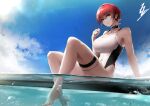 1girl anchor_symbol azur_lane black_choker blue_sky breasts bridal_garter bubble choker cloud covered_navel large_breasts red_eyes red_hair sitting_on_water sky solo swimsuit victear water weser_(azur_lane) 