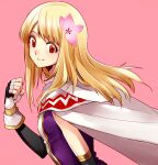  1girl arm_warmers blonde_hair breasts cape clenched_hand closed_mouth dress fina_(ffbe) final_fantasy final_fantasy_brave_exvius fingerless_gloves flower from_side gloves hair_flower hair_ornament medium_hair pink_background purple_dress red_eyes small_breasts smile solo tarutaru_yamaoka upper_body white_cape 