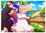  2girls arm_warmers blonde_hair blue_sky branch cape dual_persona falling_leaves fina_(ffbe) final_fantasy final_fantasy_brave_exvius flower hair_flower hair_ornament highres leaf leaning_on_rail lens_flare long_hair looking_at_viewer looking_back majin_fina moss mountain multiple_girls open_mouth railing rock sky stairs tarutaru_yamaoka teeth tree upper_body upper_teeth veil white_cape 