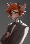  anthro big_fangs black_bow_tie brown_antlers clothed clothing freckles glistening glistening_eyes grey_background grey_clothing grey_jacket grey_topwear hair half-length_portrait hi_res jacket looking_at_viewer male messy_hair mouth_closed orange_hair portrait shermugi simple_background solo species_request standing tan_body topwear unsigned white_clothing yellow_eyes 