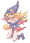 1girl absurdres bangs bare_shoulders blonde_hair blue_footwear blush blush_stickers boots breasts choker cleavage dark_magician_girl duel_monster green_eyes hair_between_eyes hat highres holding holding_clothes holding_hat large_breasts long_hair looking_at_viewer open_mouth pentacle sho_(wnmf3234) simple_background solo staff wand white_background wizard_hat yu-gi-oh! yu-gi-oh!_duel_monsters 