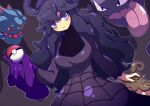  1girl @_@ afuronone ahoge bangs black_hair blush breasts closed_mouth cloth commentary_request curly_hair dress grey_eyes hair_between_eyes hairband hand_up haunter headpat hex_maniac_(pokemon) highres holding holding_poke_ball long_hair looking_at_viewer misdreavus poke_ball poke_ball_(basic) pokemon pokemon_(creature) pokemon_(game) pokemon_xy pumpkaboo purple_hairband 