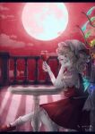  1girl absurdres ambiguous_red_liquid ascot back_bow blonde_hair bow cup drinking_glass fingernails flandre_scarlet fleuriste foot_out_of_frame frilled_shirt_collar frills from_side glowing glowing_wings hand_on_own_cheek hand_on_own_face hat highres holding holding_cup leaning_on_table letterboxed mary_janes medium_hair mob_cap moon multicolored_wings nail_polish on_chair open_mouth outdoors puffy_short_sleeves puffy_sleeves red_eyes red_footwear red_moon red_nails red_skirt red_sky red_vest sharp_fingernails shirt shoes short_sleeves side_ponytail sitting skirt skirt_set sky socks solo touhou vest white_bow white_headwear white_shirt white_socks wine_glass wings yellow_ascot 