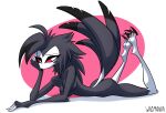  absurd_res anthro avian beak bird black_body black_feathers black_hair breasts butt claws feathers female hair helluva_boss hi_res long_hair nude octavia_(helluva_boss) owl owl_demon red_sclera simple_background solo tail_feathers talons white_eyes wigmania 