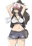  bag baseball_cap breasts brown_eyes brown_hair crop_top denim denim_shorts hair_tie hair_tie_in_mouth hat highres hilda_(pokemon) jacket large_breasts long_hair looking_to_the_side mouth_hold navel open_clothes open_jacket ponytail satchel shorts thighs torn_clothes torn_shorts tying_hair vialnite 
