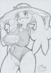  2022 anthro big_breasts big_ears blush bodily_fluids breasts cleft_of_venus clothing clothing_aside female floppy_ears generation_4_pokemon genital_fluids genitals graphite_(artwork) hat headgear headwear holding_clothing holding_hat holding_headgear holding_headwear holding_object japanese_text legendary_pokemon looking_at_viewer lunaris_parukia navel navel_outline nintendo nipple_outline pokemon pokemon_(species) pokemorph pussy pussy_juice school_swimsuit shaymee_(lunaris_parukia) shaymin sky_forme_shaymin solo standing straw_hat swimwear swimwear_aside text traditional_media_(artwork) video_games 