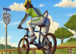  anthro avian bicycle bike_shorts bird bottomwear clothed clothing cloud footwear fully_clothed looking_back male outside penguin plant rear_view road_sign sammfeatblueheart shoes short_tail shorts sky sneakers solo tight_clothing tree 