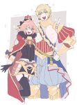  2boys :d ;d aqua_eyes armored_skirt astolfo_(fate) belt black_gloves black_shirt black_thighhighs blonde_hair blue_shorts blush_stickers cape cropped_legs crown fang fate/grand_order fate_(series) fur-trimmed_cape fur_trim garter_straps gloves gold_trim grey_background hand_on_another&#039;s_shoulder hand_on_own_hip highres long_braid long_sleeves looking_at_viewer male_focus mini_crown multiple_boys not_anpn one_eye_closed open_mouth otoko_no_ko pink_hair puffy_shorts purple_eyes red_cape roland_(fate) shirt short_hair shorts shoulder_belt simple_background skin_fang smile thighhighs two-tone_background white_background white_belt 