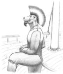 anthro biped bottomwear clothing crossed_arms eye_scar facial_hair facial_scar felid goatee graphite_(artwork) leonidae lion looking_aside male mammal mast mohawk necktie outside pantherine pants pencil_(artwork) pirate rope scar ship shirt solo standing step_pose topwear traditional_media_(artwork) vehicle watercraft