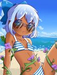  1girl beach bikini blue_hair cirno highres rorukeki_dere self_upload summer sunglasses swimsuit tanned_cirno touhou 