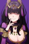  1girl alternate_costume black_hair black_nails blunt_bangs bracelet breasts cleavage cleavage_cutout clothing_cutout commentary_request eyelashes fire_emblem fire_emblem_awakening gmais2514 grey_eyes hand_on_own_chin highres jewelry large_breasts long_hair purple_background simple_background smile solo tassel teeth tharja_(fire_emblem) tiara two_side_up upper_body 