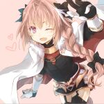  1boy astolfo_(fate) black_bow black_gloves black_shirt black_skirt black_thighhighs bow braid cape cowboy_shot fate/grand_order fate_(series) fur-trimmed_cape fur_trim garter_straps gloves gold_trim hair_bow heart kujimaru light_blush long_sleeves looking_at_viewer male_focus one_eye_closed otoko_no_ko pink_background pink_eyes pink_hair red_cape rerebrace shirt short_hair_with_long_locks simple_background skirt solo thighhighs two-sided_cape two-sided_fabric white_cape 
