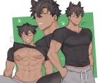  1boy abs animal_ears bangs bara bare_pectorals black_hair black_shirt blush brown_eyes clenched_teeth closed_mouth clothes_lift dog_boy dog_ears dog_tail grey_pants hands_in_pockets highres large_pectorals male_focus multiple_views muscular muscular_male navel nipples original pants pectorals rio_mukiniki shirt shirt_lift short_hair solo tail teeth 