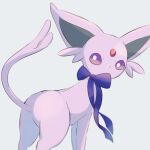  animal_focus ass blue_background blurry bow bowtie colored_sclera commentary depth_of_field espeon forehead_jewel forked_tail from_behind gem looking_back no_humans pio_(piopio_poke) pokemon pokemon_(creature) purple_bow purple_bowtie purple_ribbon purple_sclera red_gemstone ribbon simple_background sketch solo standing tail white_eyes 