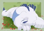 2023 absurd_res ambiguous_gender anthro belly big_belly big_hands big_tail biped blue_belly blue_body digital_drawing_(artwork) digital_media_(artwork) double_chin eyes_closed fat_neck flower generation_2_pokemon green_background head_on_hand hi_res legendary_pokemon lugia lying multicolored_body nintendo obese obese_ambiguous obese_anthro on_front on_grass on_ground overweight overweight_ambiguous overweight_anthro plant pokemon pokemon_(species) resting simple_background sleeping solo squish tail thick_tail two_tone_body white_body xeniyy