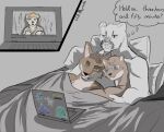 albino anthro bed bedding blanket blue_eyes canid canine cel_shading clifford_tibbits computer cougar cuddling echo_(series) echo_project electronics embrace eyebrows eyewear felid feline fox furniture glasses green_eyes group harry_(hbomberguy) hi_res hug laptop lcb_meyneth lgbt_pride male male/male mammal murdoch_byrnes mustelid musteline nonbinary_(lore) nonbinary_pride_colors patricia_taxxon pillow pride_colors raised_eyebrow red_eyes samuel_ayers shaded shirtless shirtless_male sticker stoat tagme the_smoke_room trio true_musteline under_covers watching_video weasel